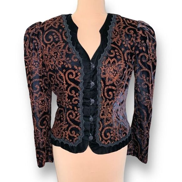 Vintage Collarless Blazer Tailored Black Velvet Structured Hourglass Metallic - Picture 14 of 14